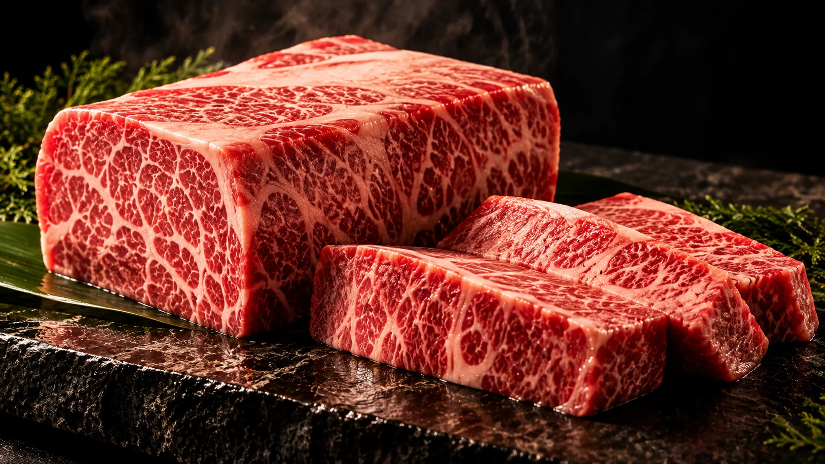 細やかな霜降りが見える和牛の塊と厚切り肉