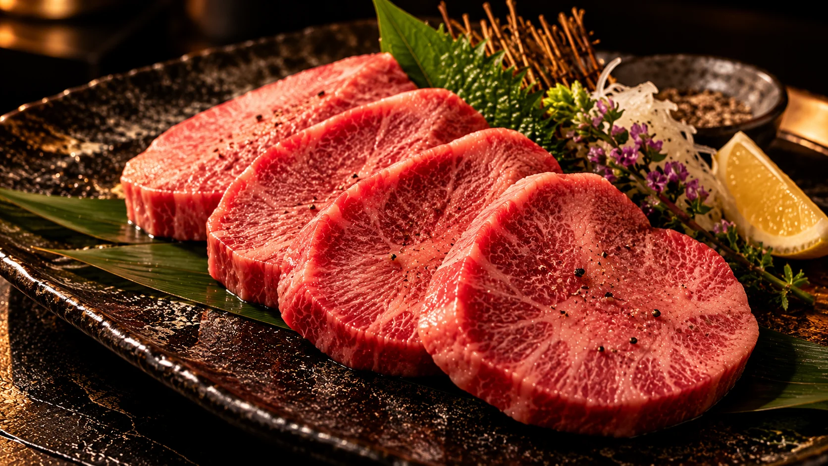厚く切られた霜降り肉を並べた盛り付け