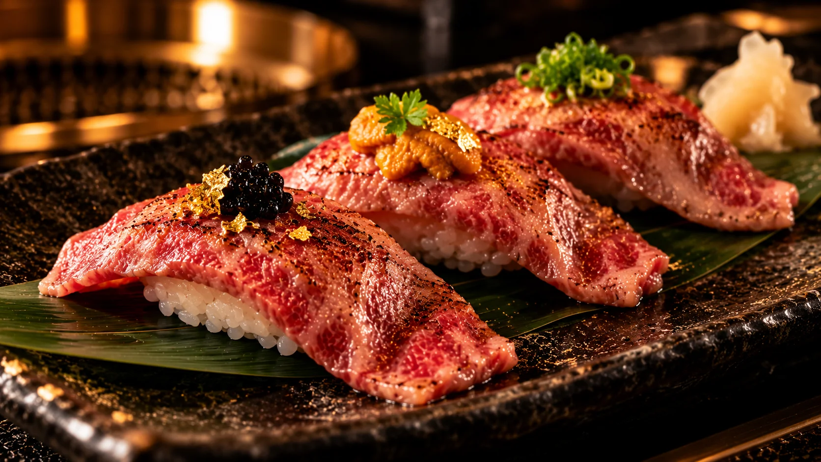 炙った和牛をのせた三貫の肉寿司