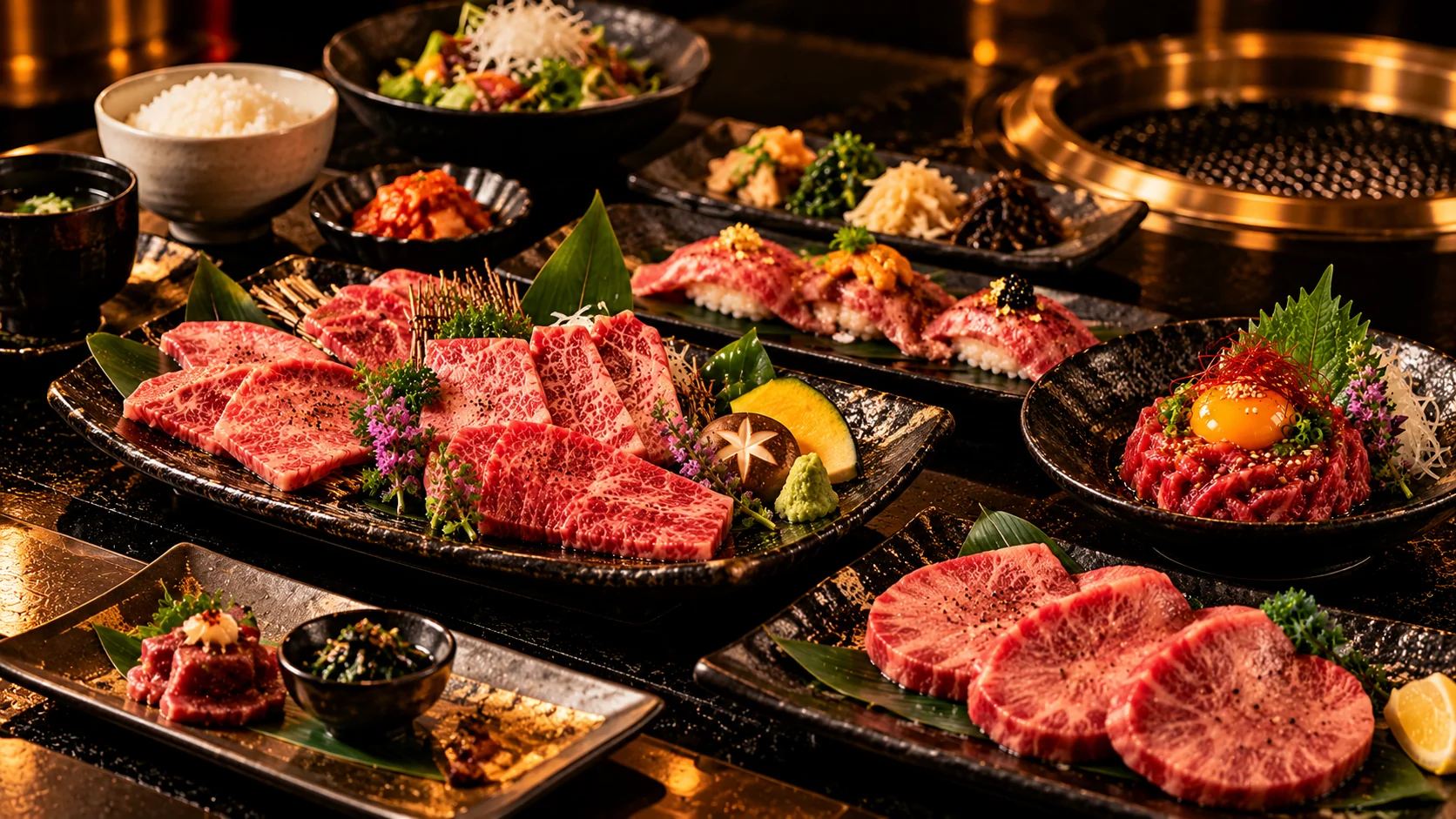 和牛盛り合わせや肉寿司を配したコースイメージ